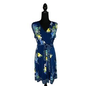 APT. 9 Navy Blue Floral Sleeveless Dress with Cloth Belt, Large, Pre-owned
